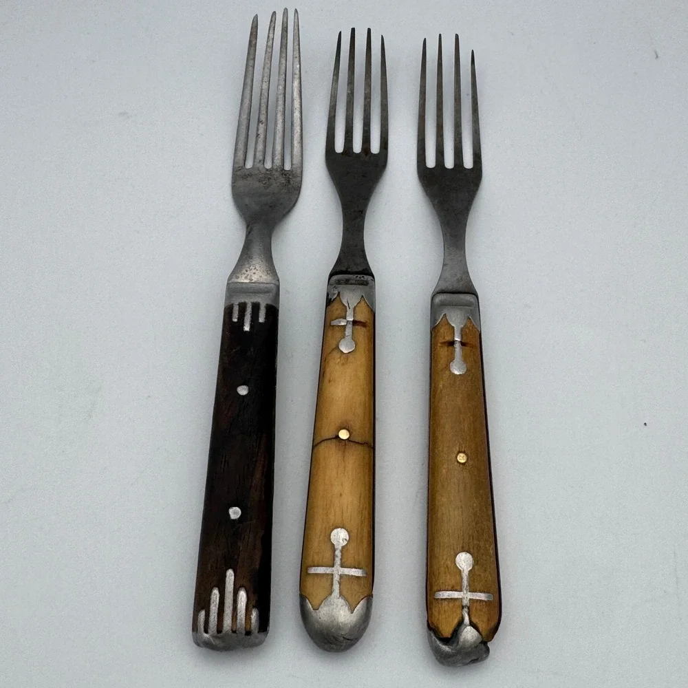 Antique Farmhouse Forks Set 3 Late 19th Century Primitive Wood Bone Handle 7.5in